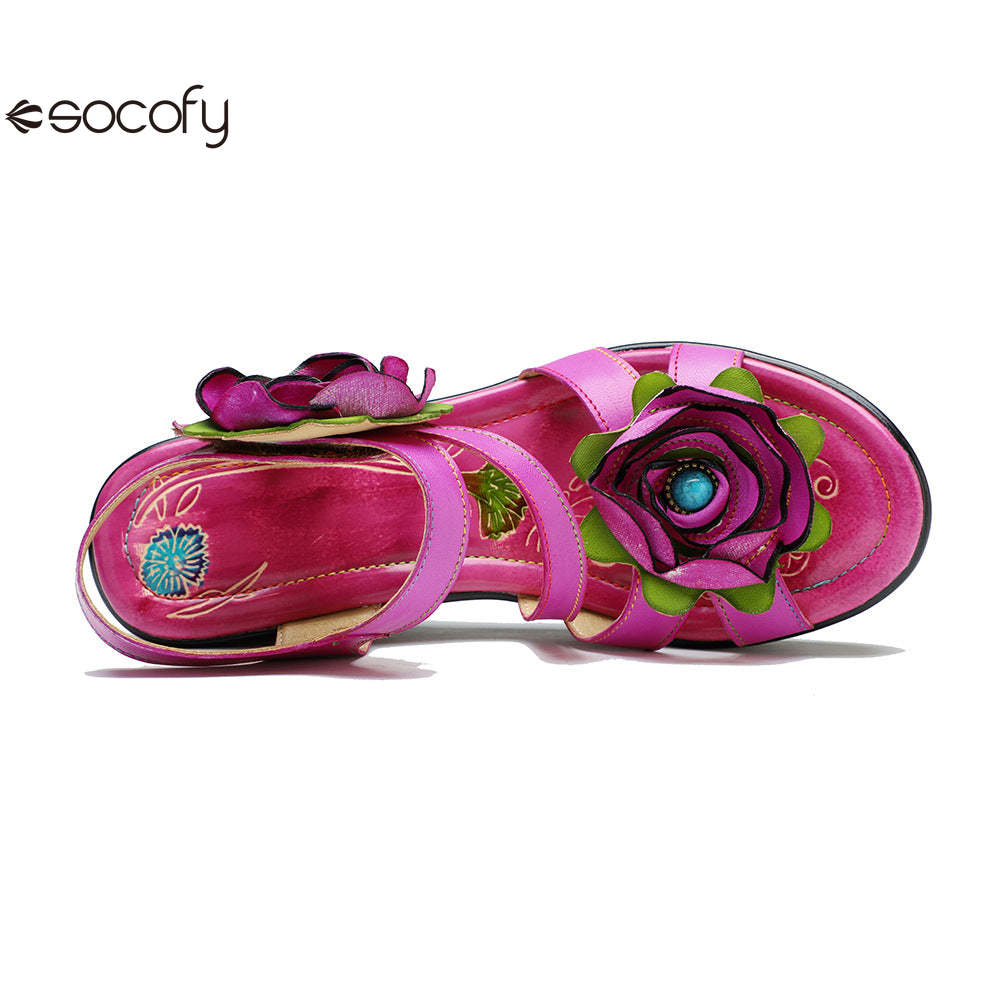 Socofy summer leather three-dimensional flowers comfortable sloping sandals