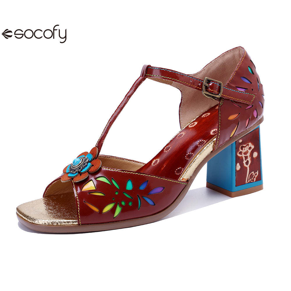 Socofy Vicconfy Women's Leather Handmade Color Rubbed Hollow Flower Square Heel High Heeled Sandals