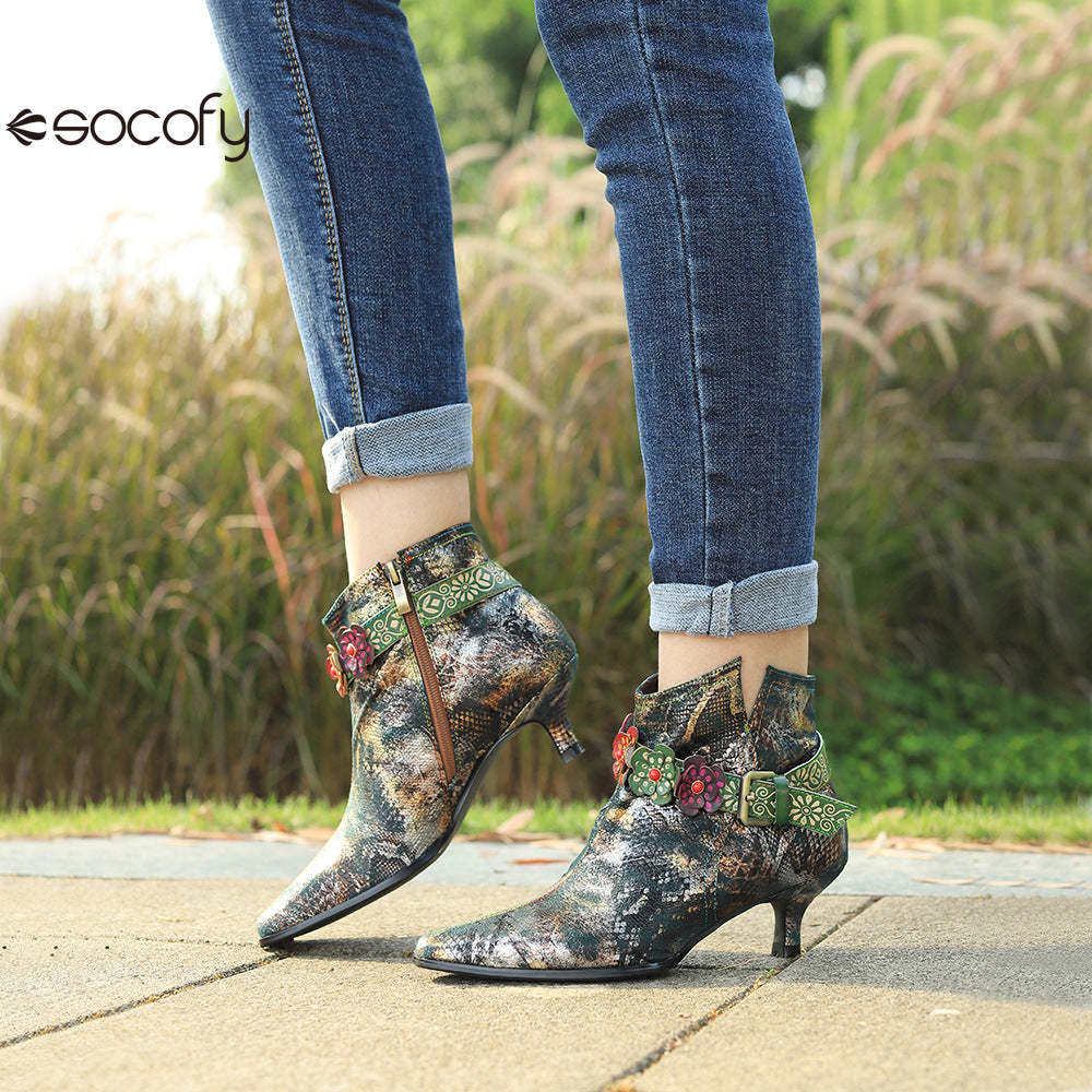 Socofy Retro British style metal texture low heel women's short boots