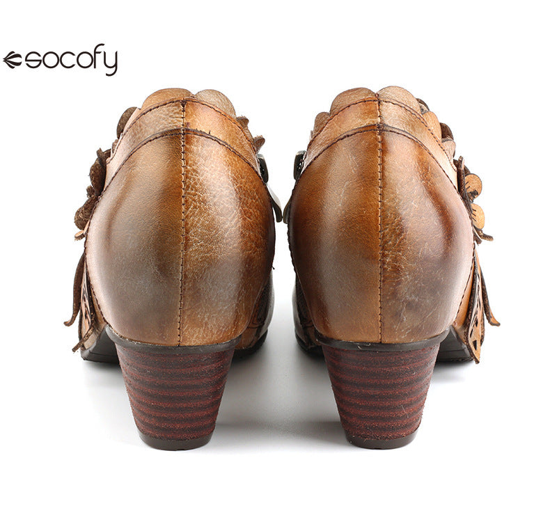 Socofy Genuine Leather Handmade Vintage Fashion Side Zipper High Heels Women's Shoes