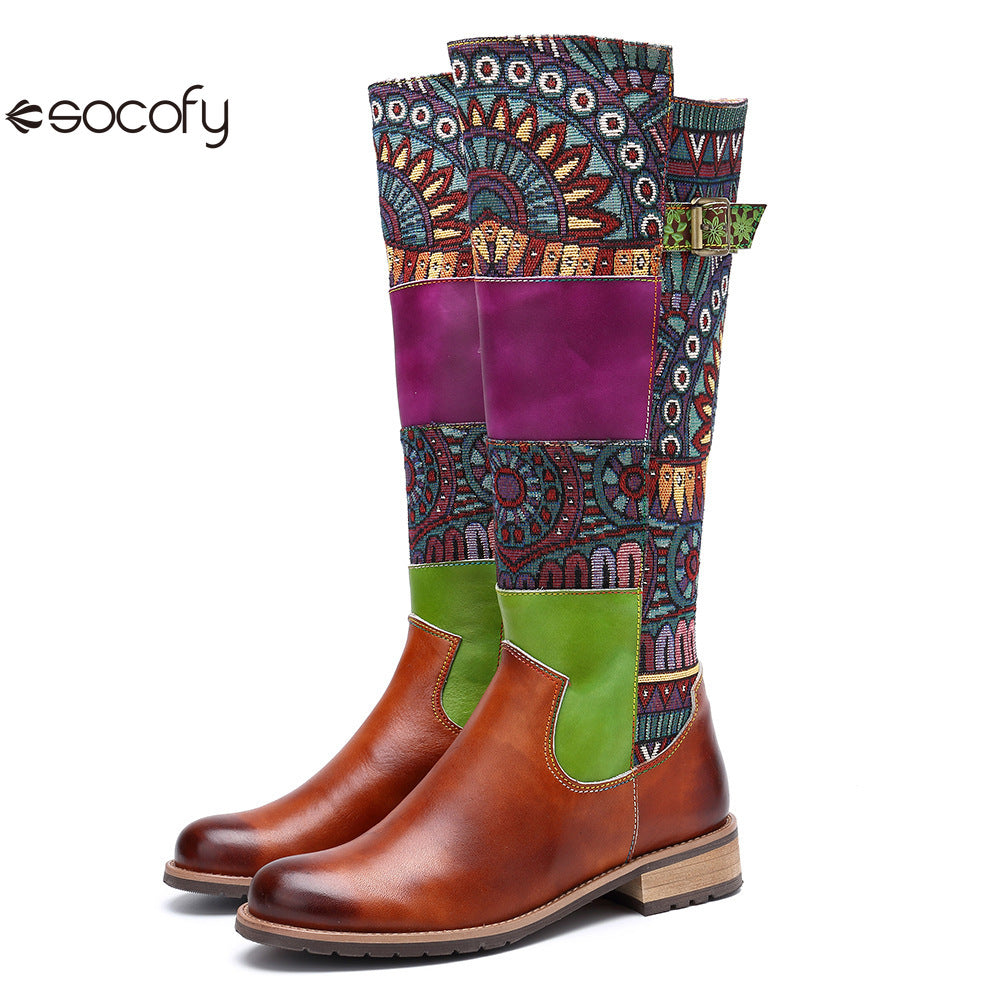 Socofy Vicconfy Genuine Leather Vintage Patchwork Long Warm Boots