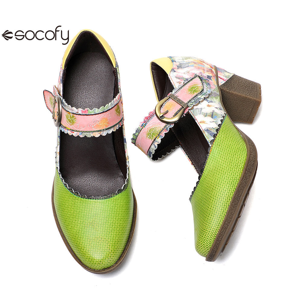 Socofy Vicconfy Floral Leather Women's Mary Jane Heel