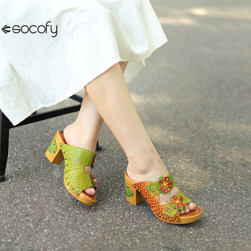 Socofy Spring and summer genuine leather retro flower comfortable thick heel high heel sandals