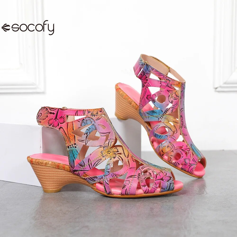 Socofy Colour Retro Genuine Leather Handmade Fashion Concise Ladies Hollow Mid-heeled Sandals