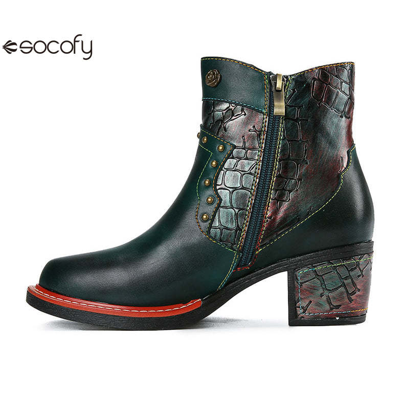 Socofy Vicconfy Women's Martin Boots Leather Patchwork Ethnic Vintage Short Boots