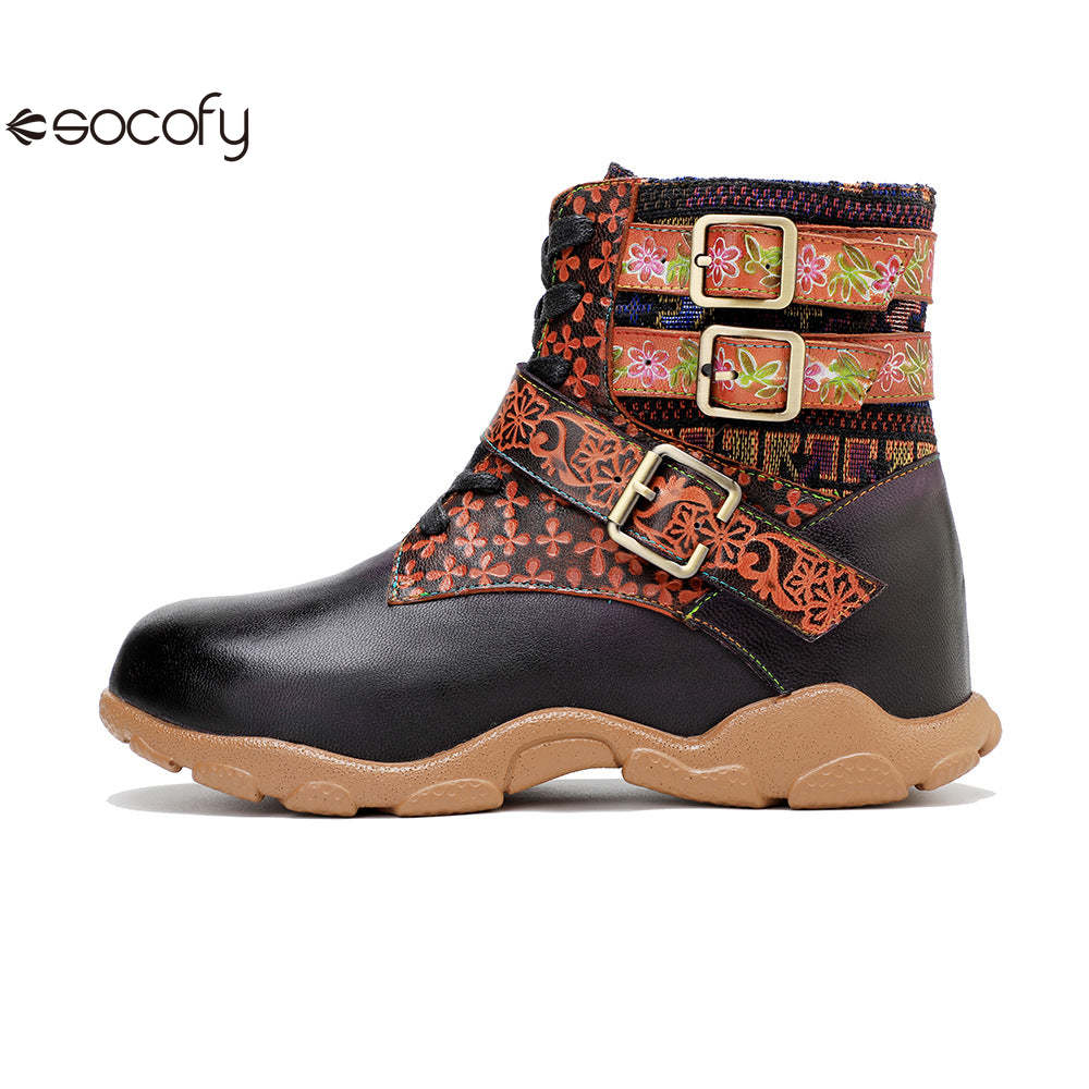 Socofy Vicconfy Leather Handmade Color Rubbed Printed Belt Buckle Flat Women's Boots