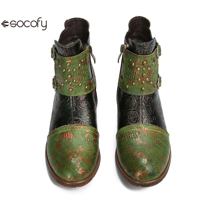 Socofy Vicconfy Genuine Leather Ethnic Vintage Rivet Belt Buckle Boots