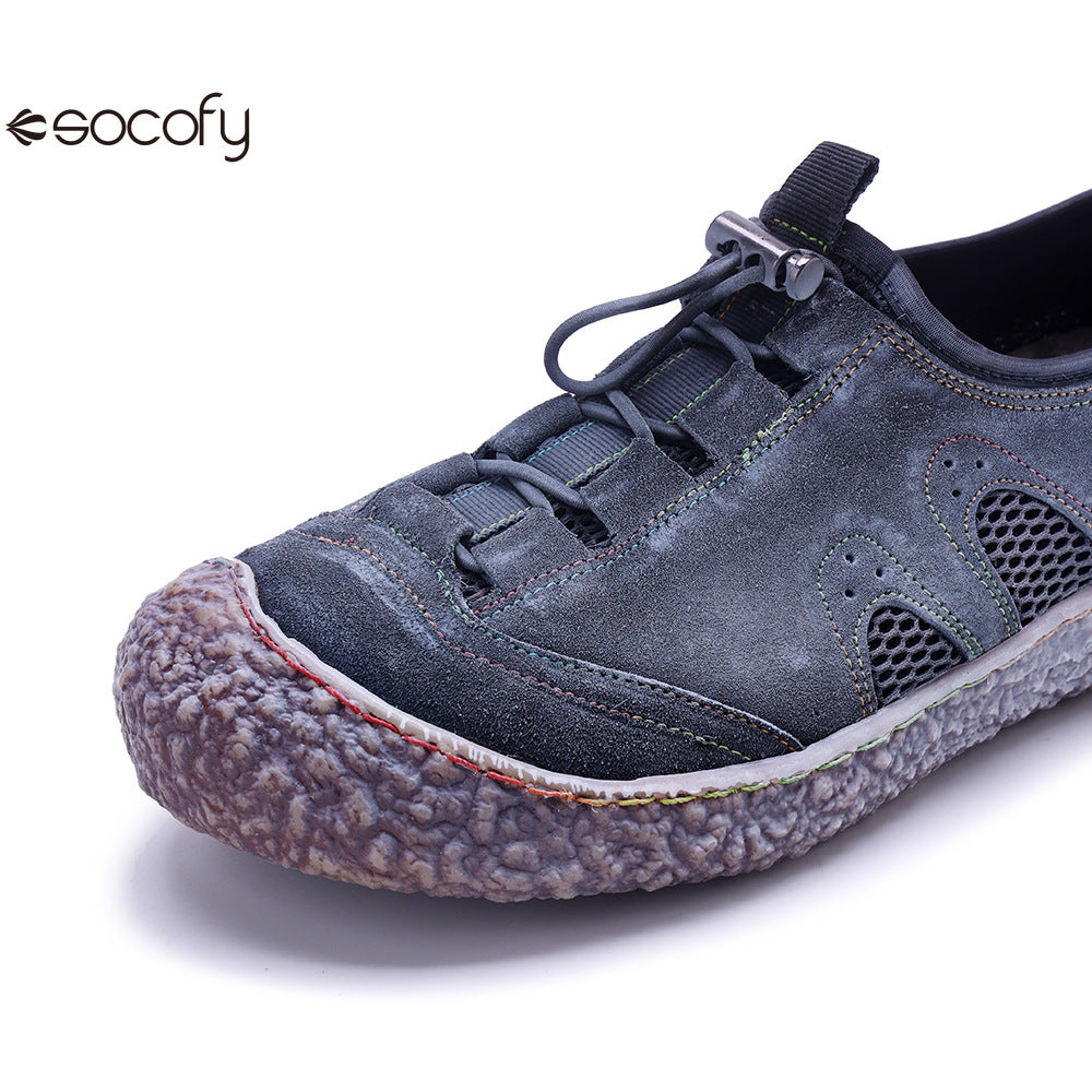 Socofy Vicconfy Genuine Leather Vintage Scuffed Comfort Breathable Mesh Loafers