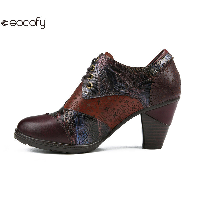 Socofy Genuine leather three-dimensional flower high heel pump