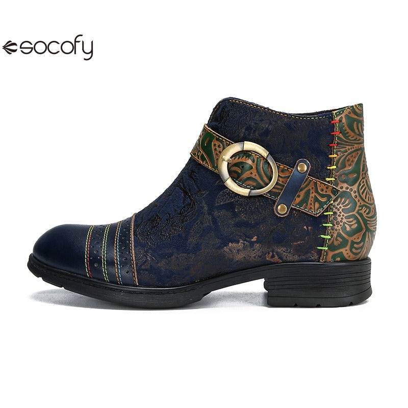 SOCOFY Genuine Leather Ethnic Style Round Toe Belt Buckle Handmade Embossing Short Boots