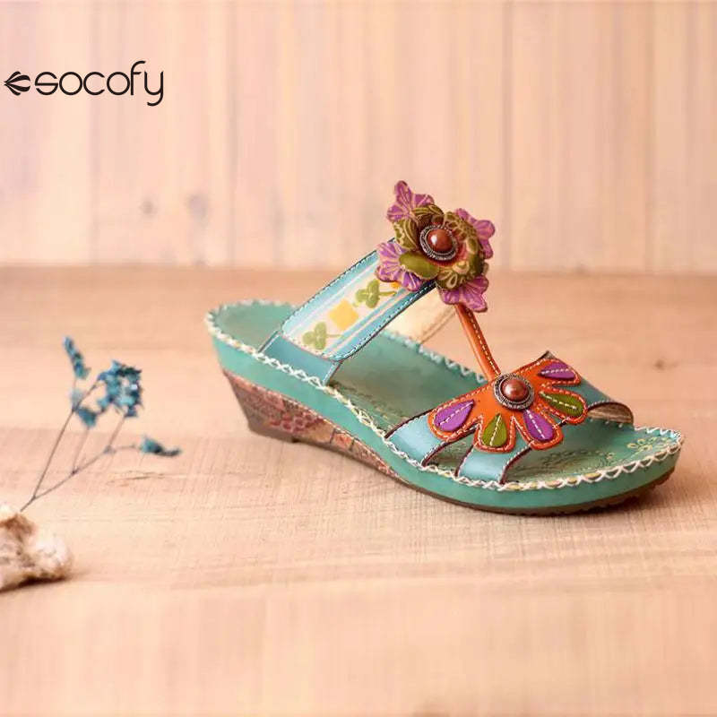 Socofy Spring Summer Hand-painted Genuine Leather Flower Wedges Slides Handmade Ladies Slippers