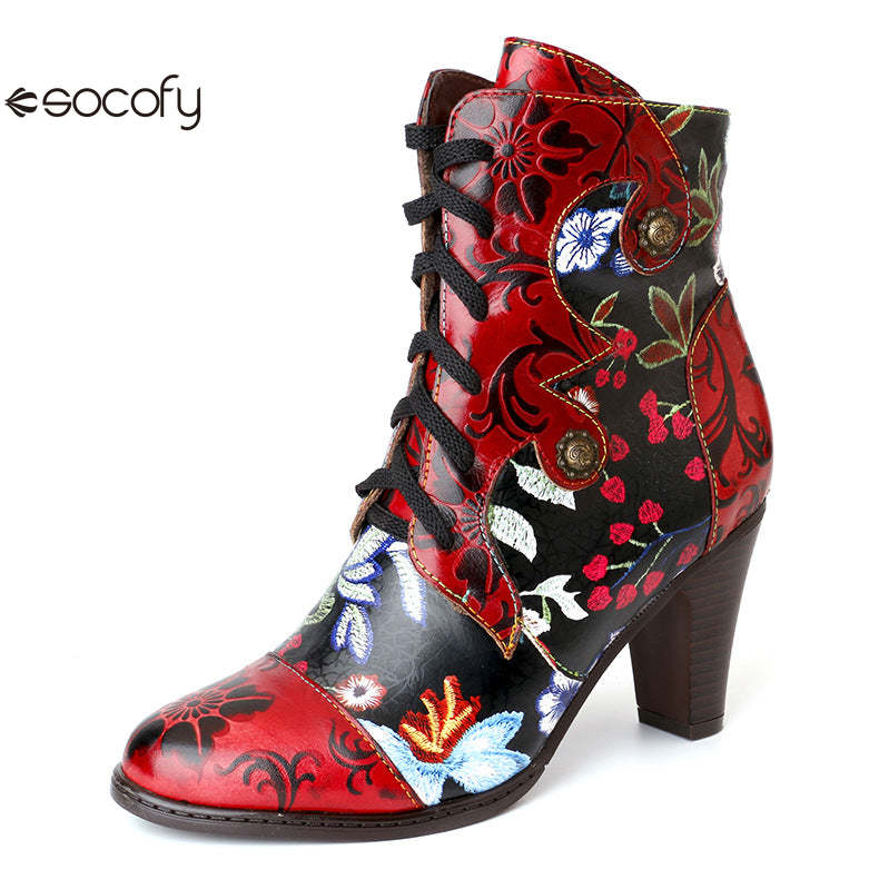 Socofy Vicconfy Pointed Toe Leather Vintage Tall Women's Boots