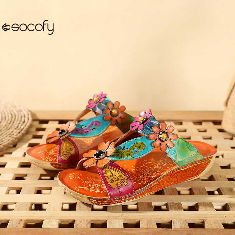 Socofy Vicconfy Loose Round Toe Handmade Cubic Flower Ethnic Flat Sandals