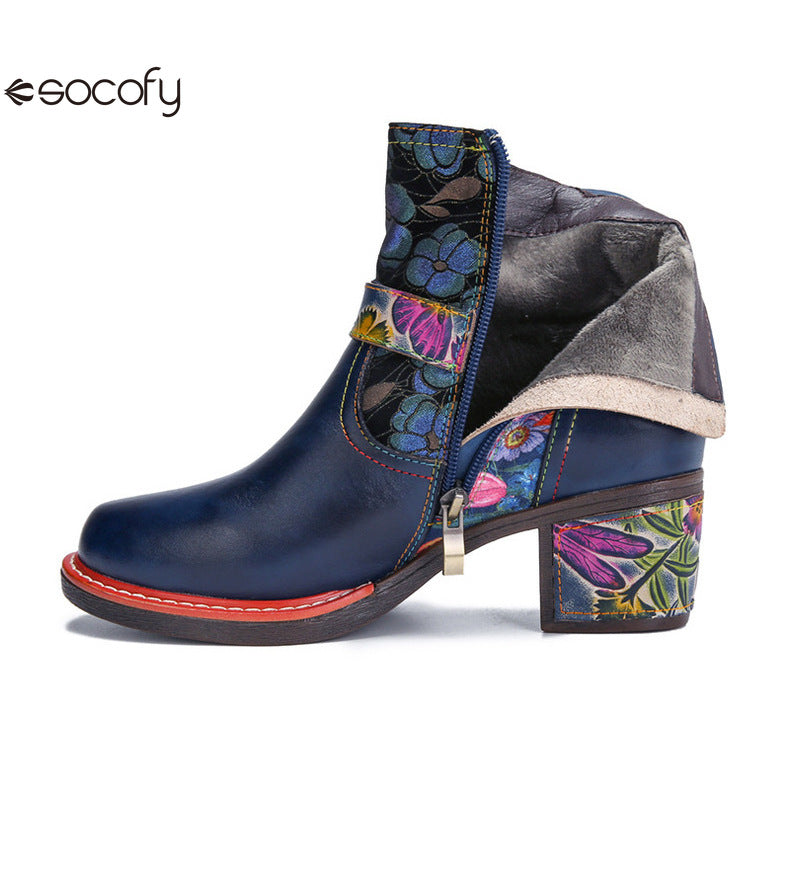 Socofy Vicconfy Genuine Leather Cubic Embossed Romantic Vintage Floral Heeled Ankle Boots