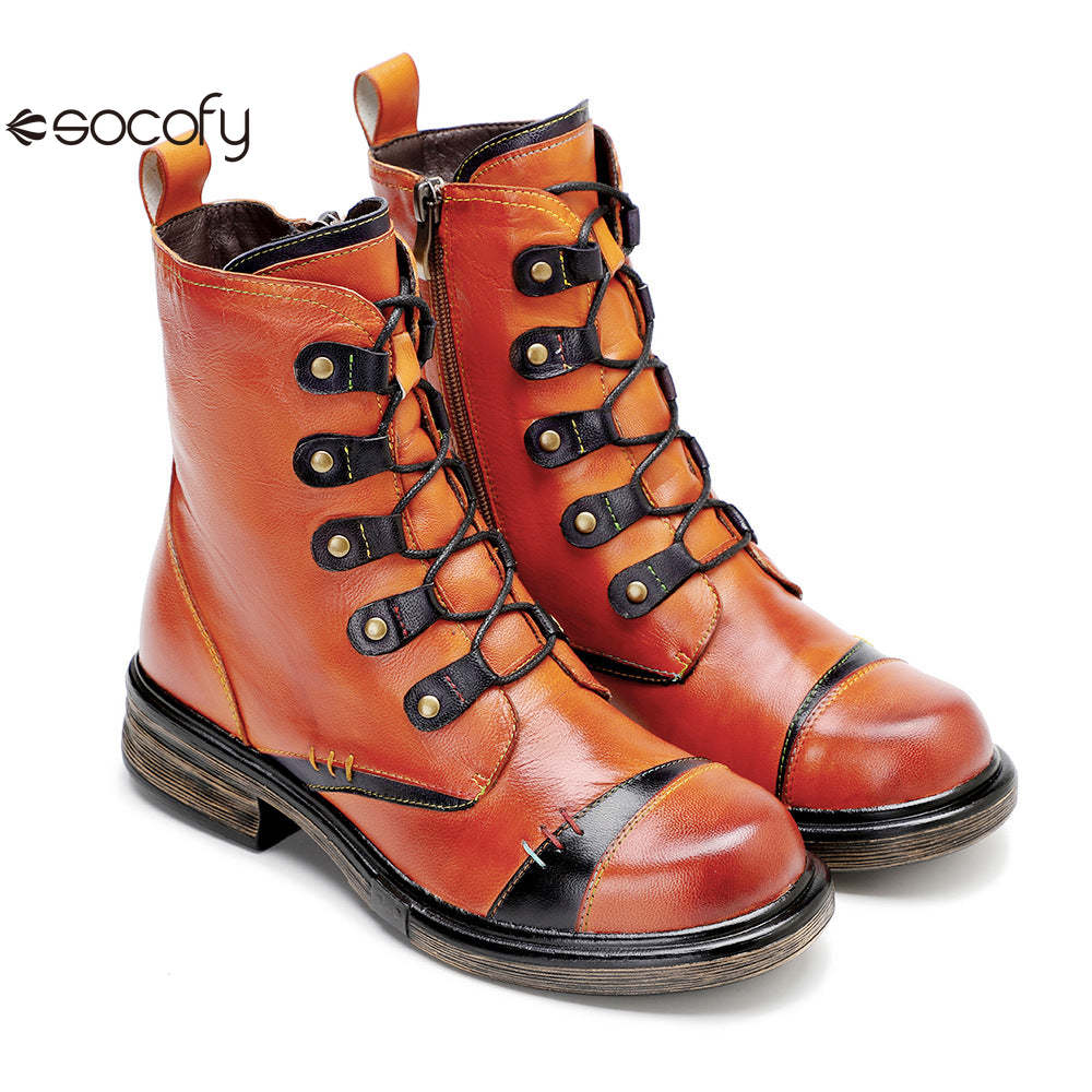 Socofy Vicconfy Leather Handmade Color Clash Retro Fashion Martin Boots Women's Boots