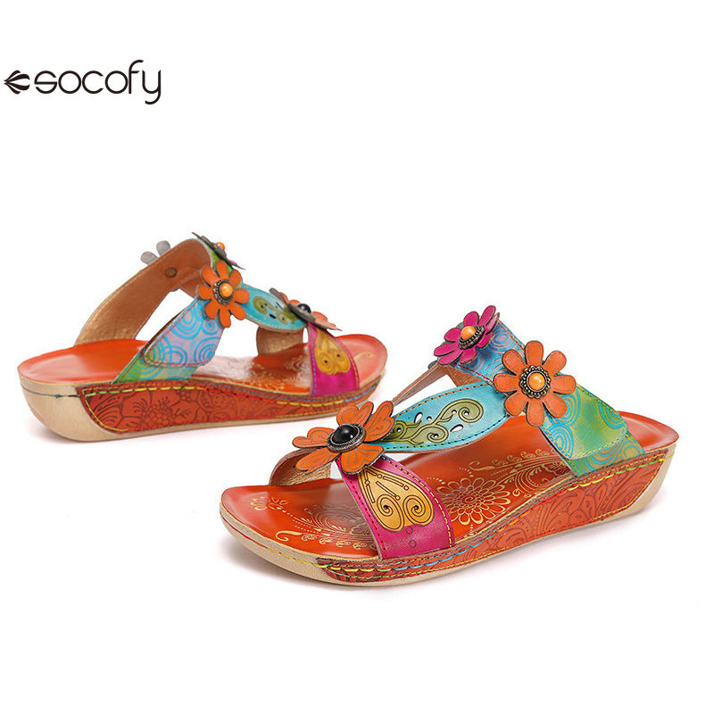 Socofy Vicconfy Loose Round Toe Handmade Cubic Flower Ethnic Flat Sandals