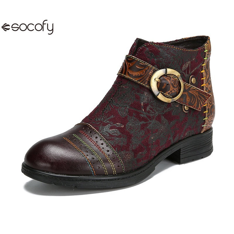 SOCOFY Genuine Leather Ethnic Style Round Toe Belt Buckle Handmade Embossing Short Boots