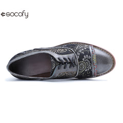 Socofy Handmade Leather Vintage Lace-Up Flats Loafers Shoes