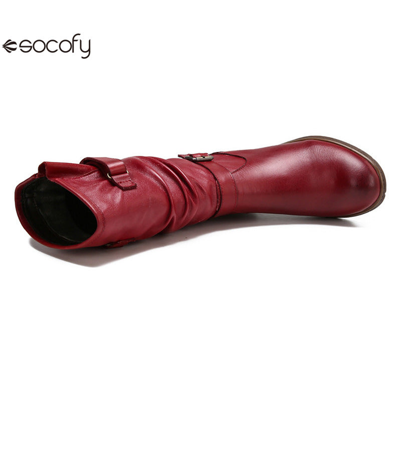 Socofy Vicconfy Genuine Leather Buckle Deco Cowhide Flat Long Boots