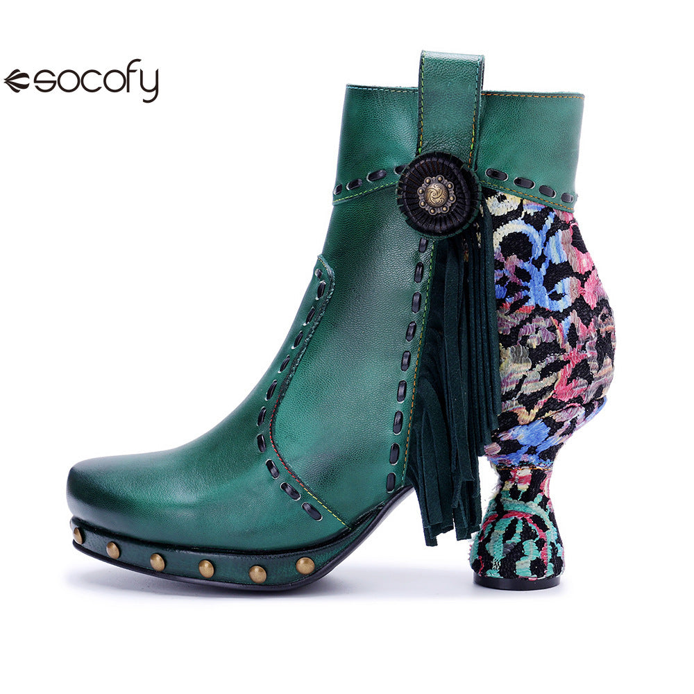 Socofy Vicconfy Retro Handmade Side Fringe Ankle Boots