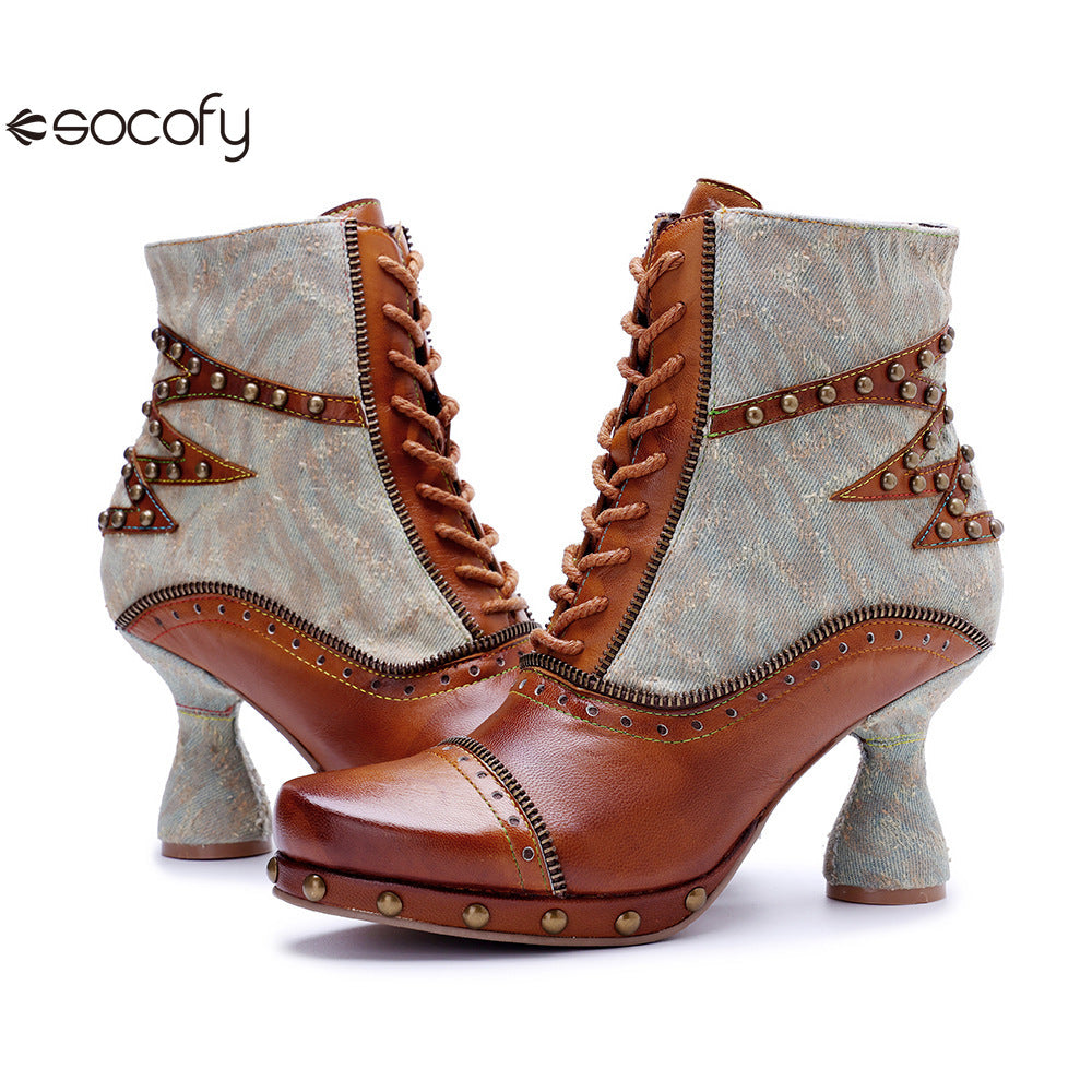 Socofy Vicconfy Retro Handmade Pachwork Fashionable Ankle Boots