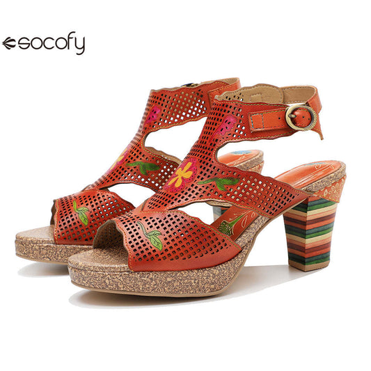 Socofy new retro genuine leather hollow color layer leather high heel sandals 1000