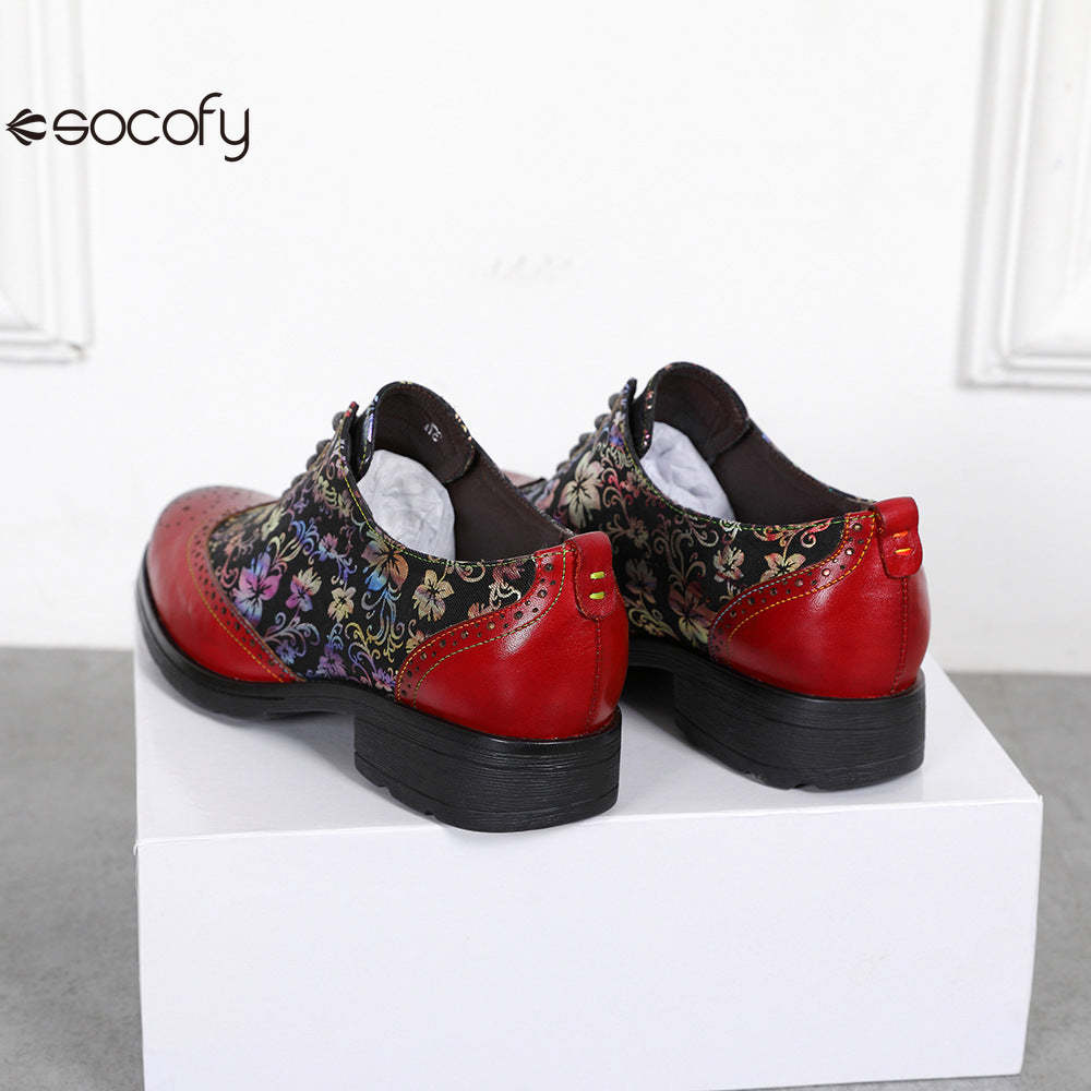 Socofy Ethnic style flower retro cowhide casual women's shoes