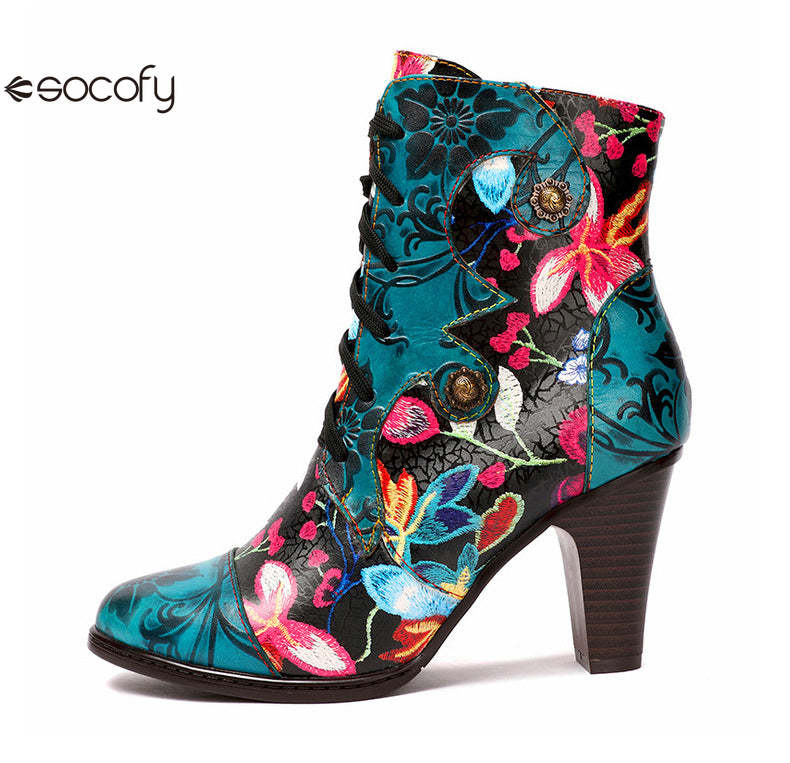 Socofy Vicconfy Ethnic Cowhide Handmade Vintage Flower High Heel Women's Boots