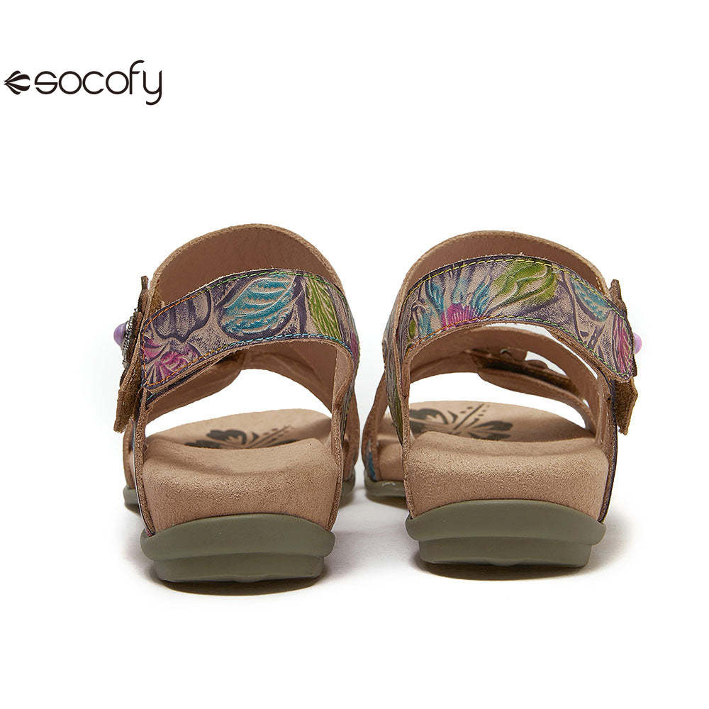 Socofy Bohemian retro first-layer cowhide flower-embellished women's sandals