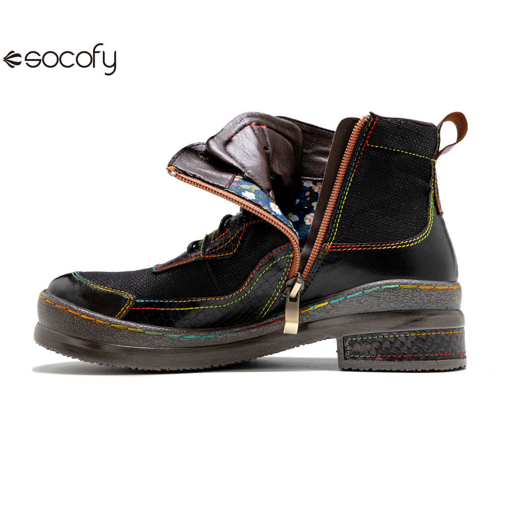 Socofy Vicconfy Leather Double Colored Thread Stitching Ankle Boots