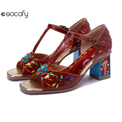 Socofy Vicconfy Women's Leather Handmade Color Rubbed Hollow Flower Square Heel High Heeled Sandals