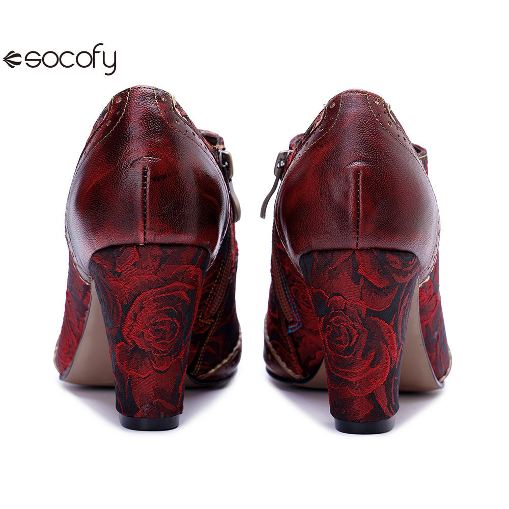 Socofy Genuine Leather Women's Leather Rivets Vintage French Court Style Elegant High Heels