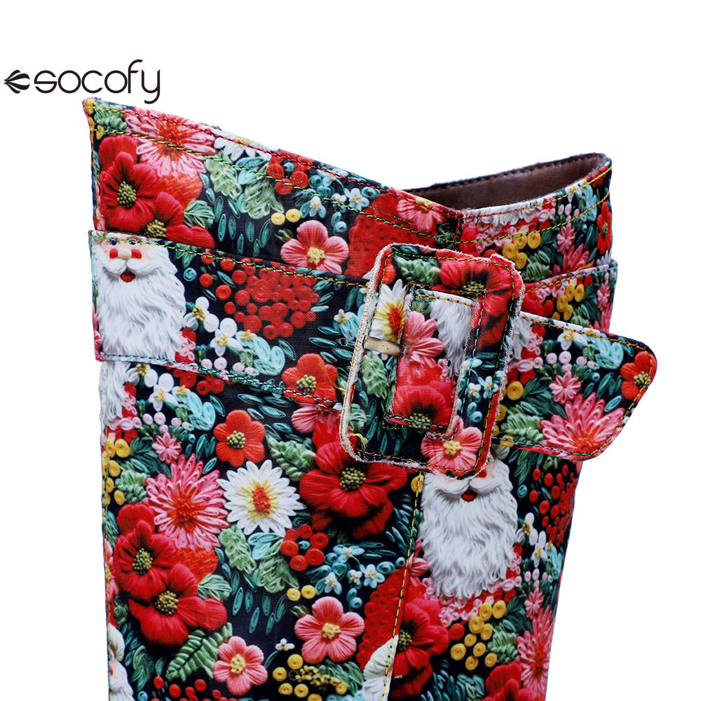 Chrismas Exclusive｜Socofy Vicconfy Vintage Print Casual Chunky Heel Comfort High Boots