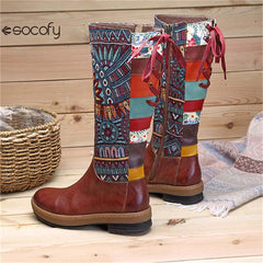 Socofy Vinatge Handmade Knee High Boots For Women Genuine Leather Shoes Women