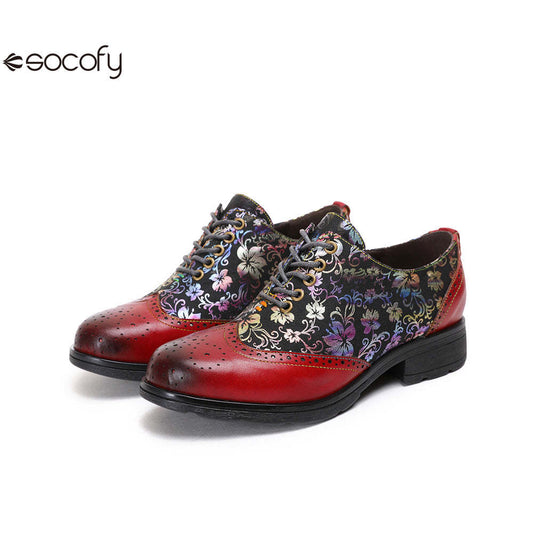 Socofy Ethnic style flower retro cowhide casual women's shoes 1000