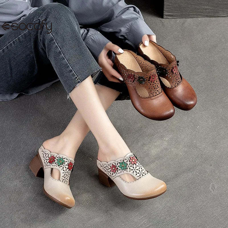 Socofy Ethnic Style Flower Mid Heel Round Toe Retro Comfortable Versatile Women Shoes