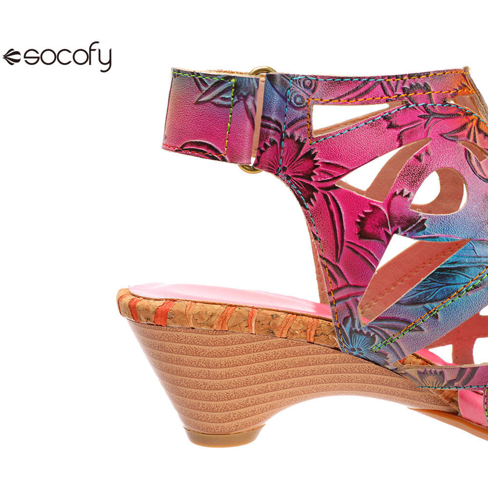 Socofy Summer ethnic style cowhide retro casual fish mouth women's sandals