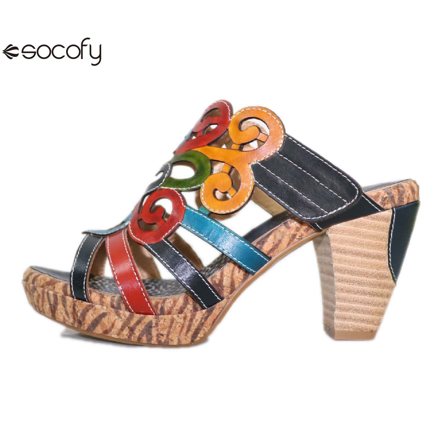 Socofy summer ethnic style leather women's shoes high heels handmade slippers