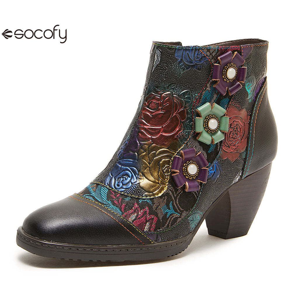 Socofy retro cowhide round toe heightening women's boots