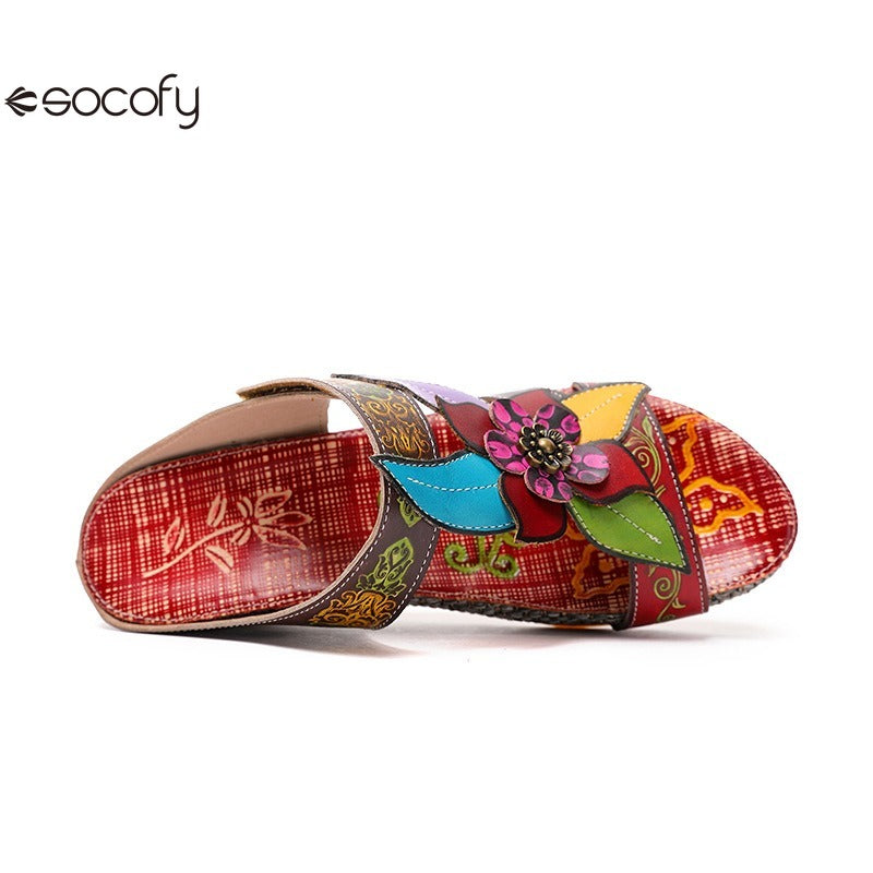 Socofy genuine genuine leather bohemian floral vintage sandals