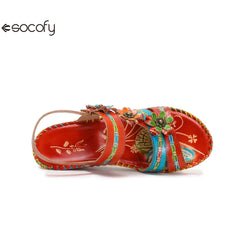 Socofy Vicconfy Summer genuine leather ethnic style wedge heel retro casual fashion flower decorated sandals