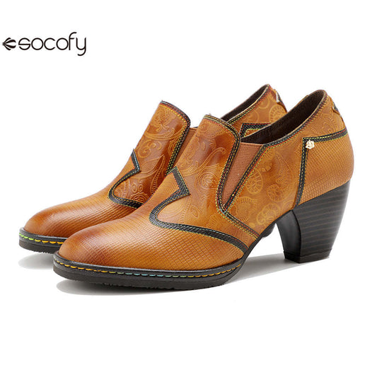 Socofy genuine leather retro style women's thick heel high heels 1000