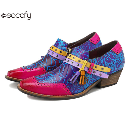 Socofy Leather Vintage Cowboy Style Women's Shallow Mouth Single Shoes 1200