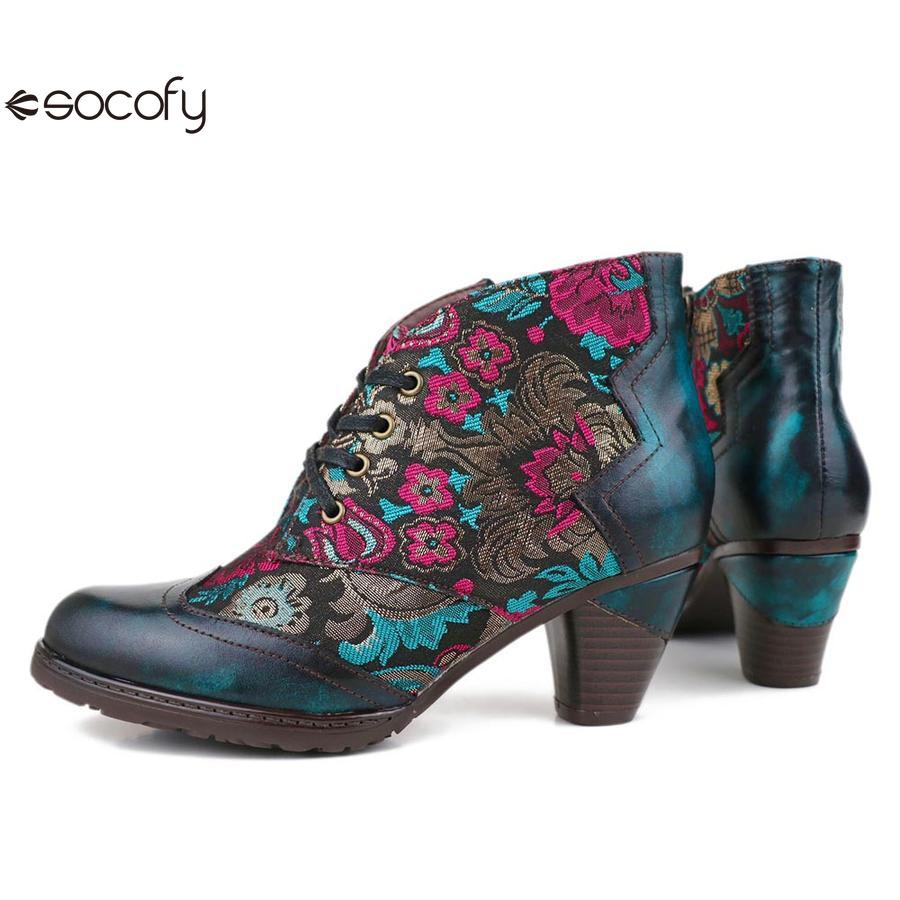 Socofy Genuine Leather short Embroidered flowers round toe high heel fashion boots for women