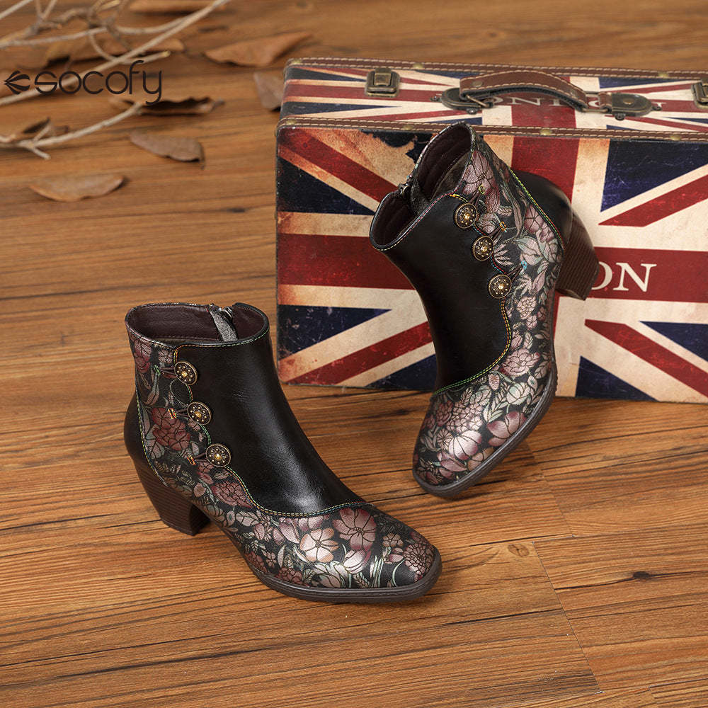 Socofy Leather Retro Flowers Fashionable Zipper Heel Boot