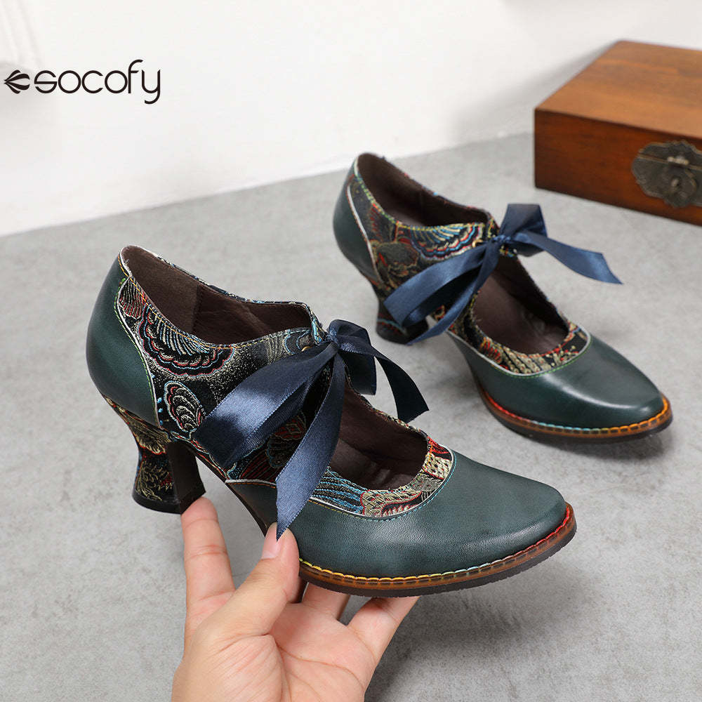 Socofy Summer flower blue ethnic style high-heeled ribbon lace-up women's shoes