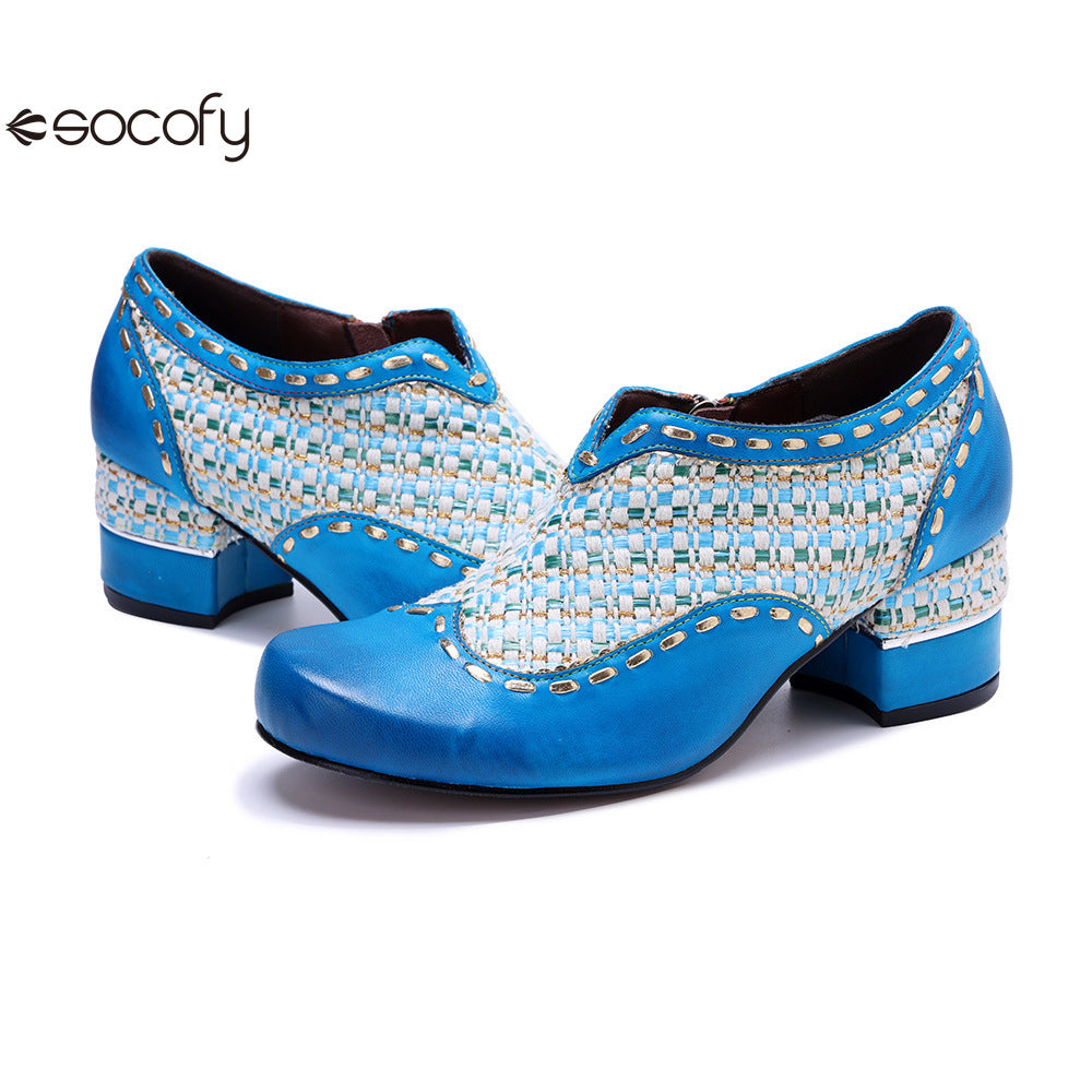 Socofy Genuine Leather Vintage Boho Woven Side Zipper Pumps