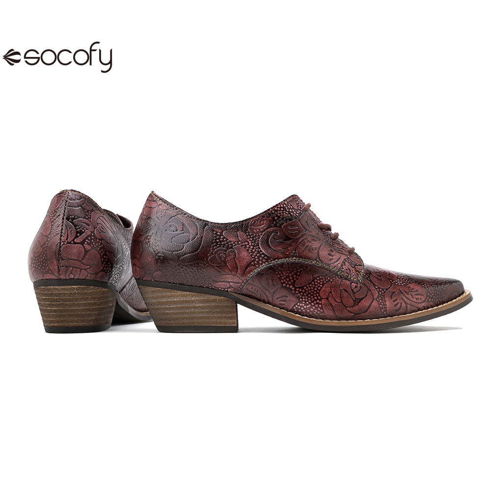 Socofy leather retro British style dark flower texture women's thick heel flat shoes