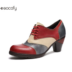 Socofy Thick-heeled retro ethnic style low-top round-toe women pumps