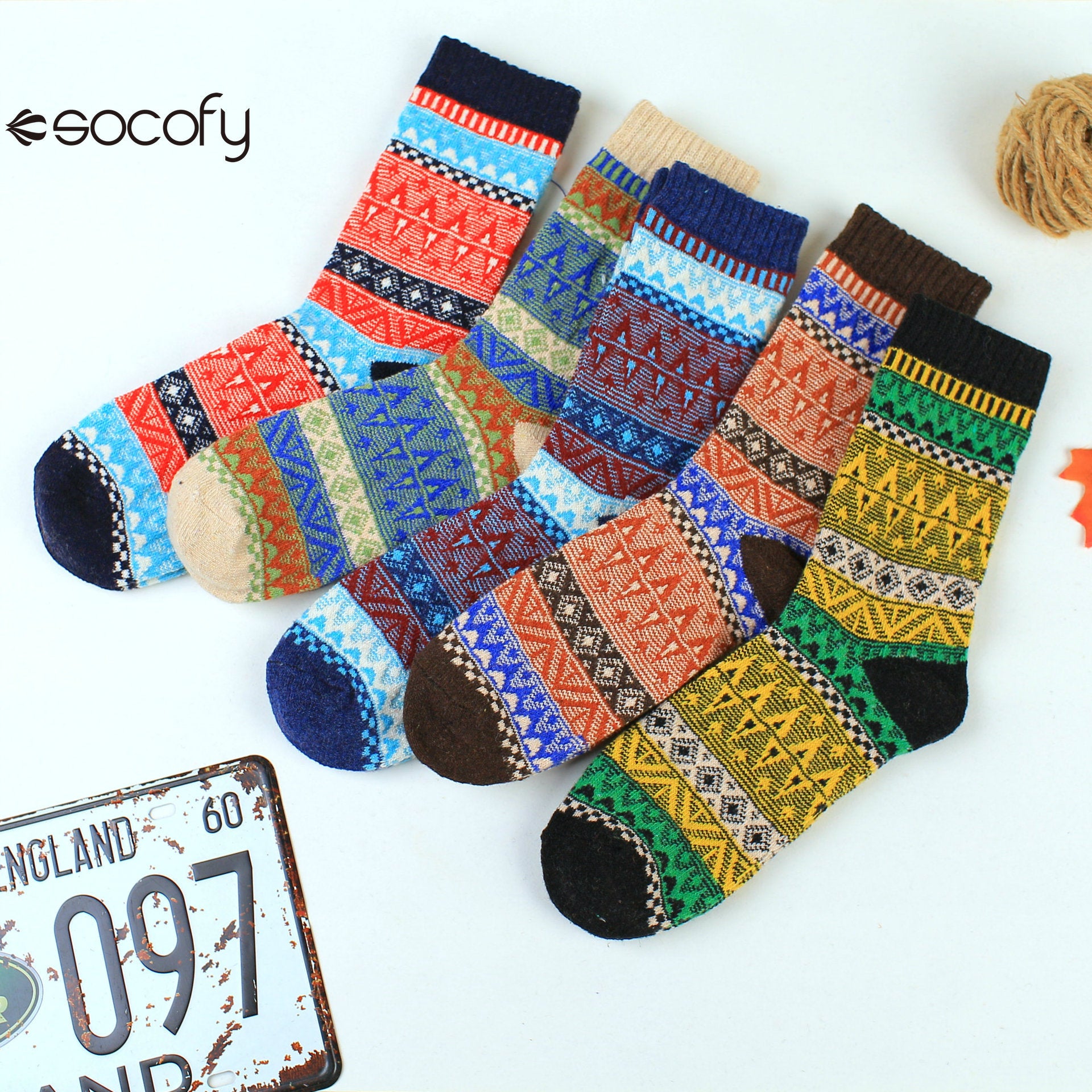 Socofy Vicconfy Winter Vintage Thickened Warm Ethnic Wool Socks